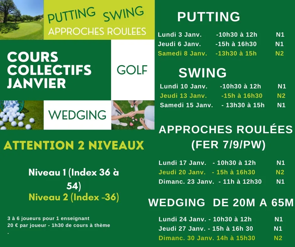 Cours collectifs de golf en janvier 2022, horaires